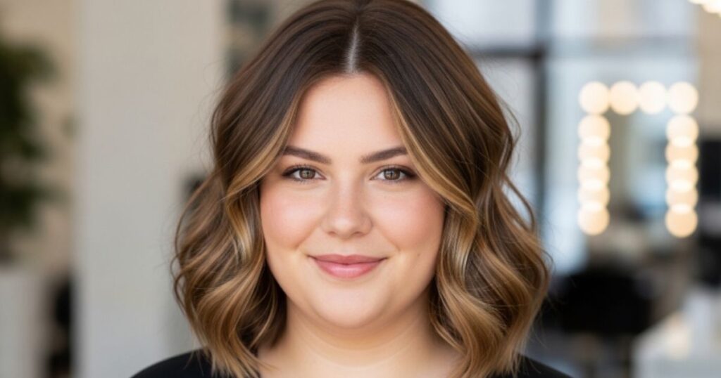Wavy Lob for Round Face and Double Chin