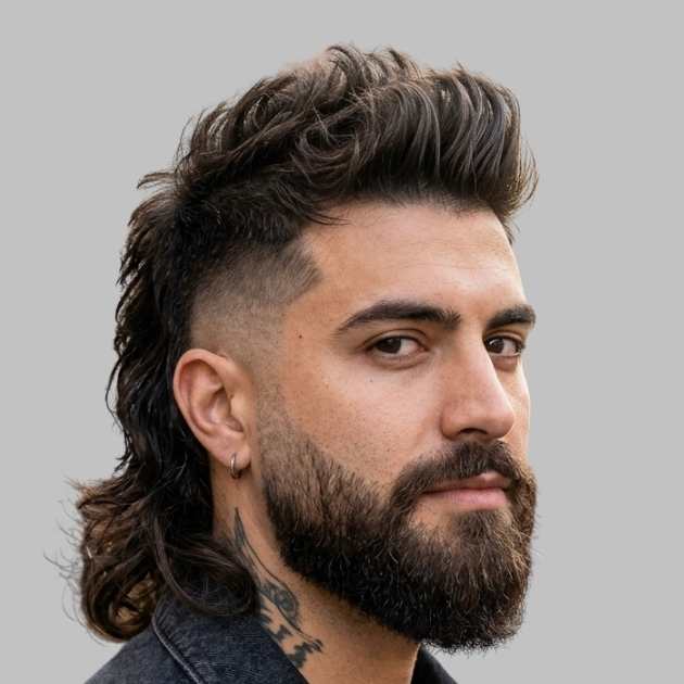 Faux Hawk Mullet with Beard Fade