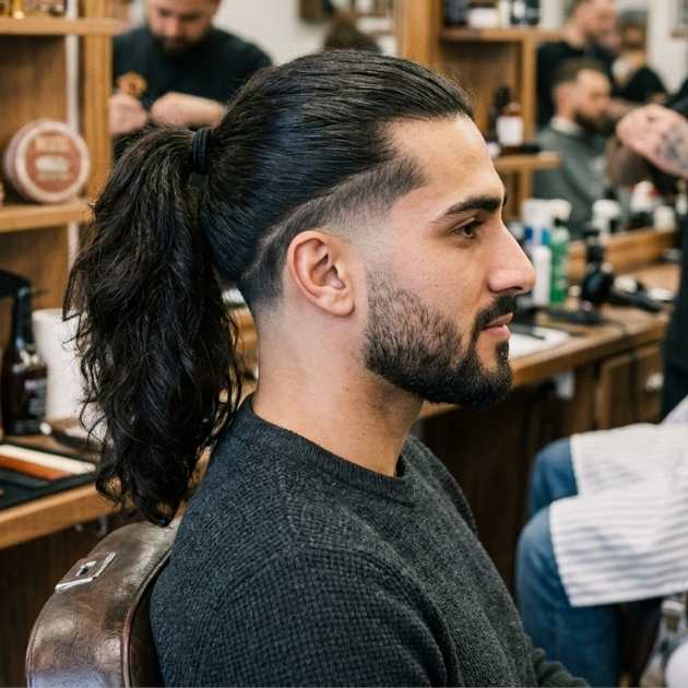 Long Hair Ponytail with a Low Taper Fade