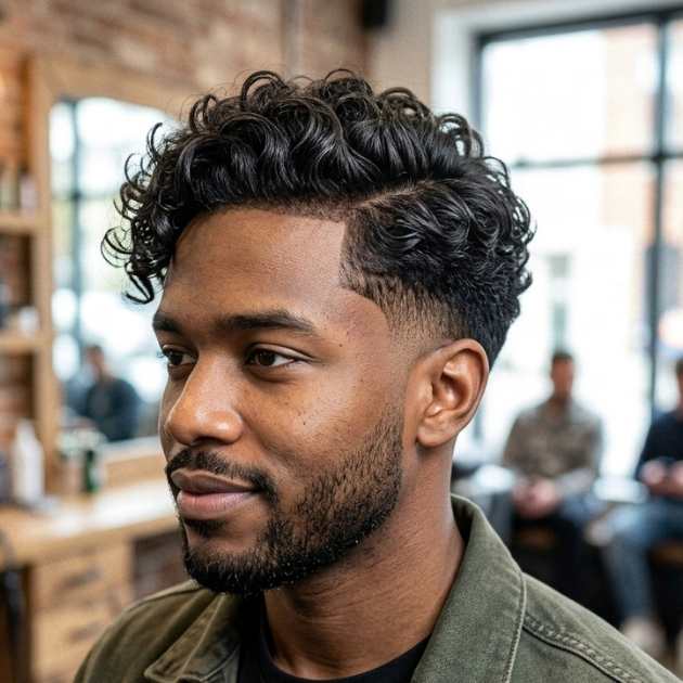 Low Taper Curly Side-Swept