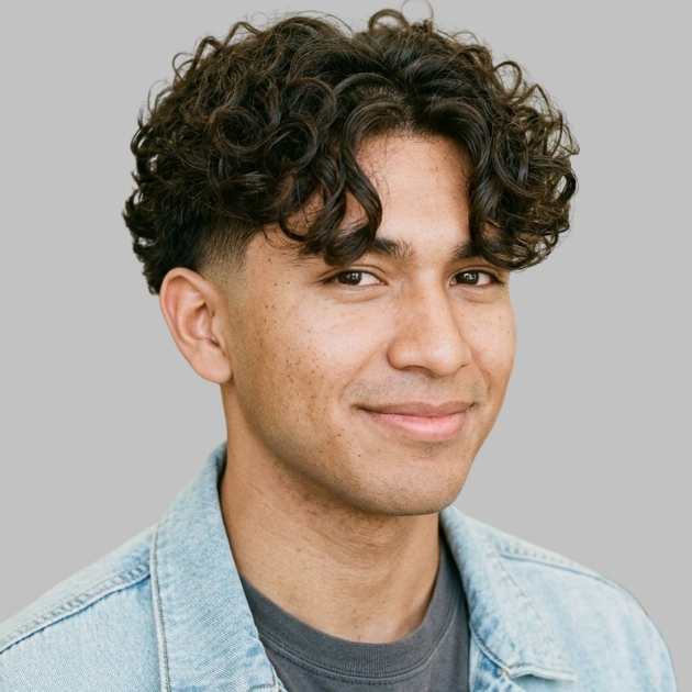 Low Taper Fade Curly Hair Curtain Bangs