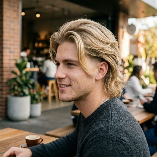 Low taper fade blonde long hair