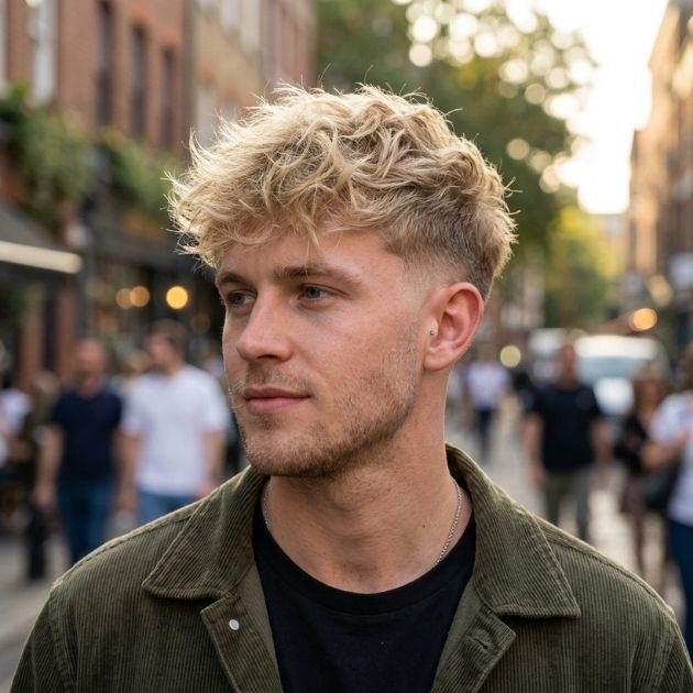 Low taper fade blonde messy hair