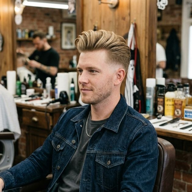 Low taper fade blonde pompadour