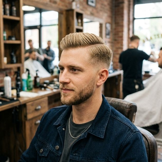 Low taper fade blonde side part