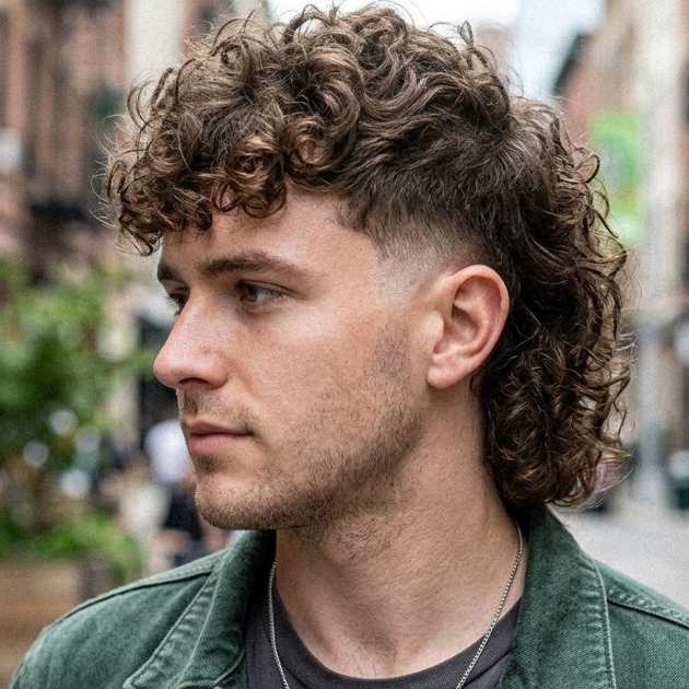 Curly Burst Fade Mullet