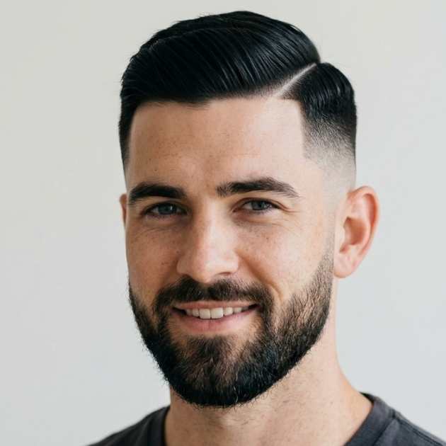 Hard Side Part with Mid Bald Fade and Beard