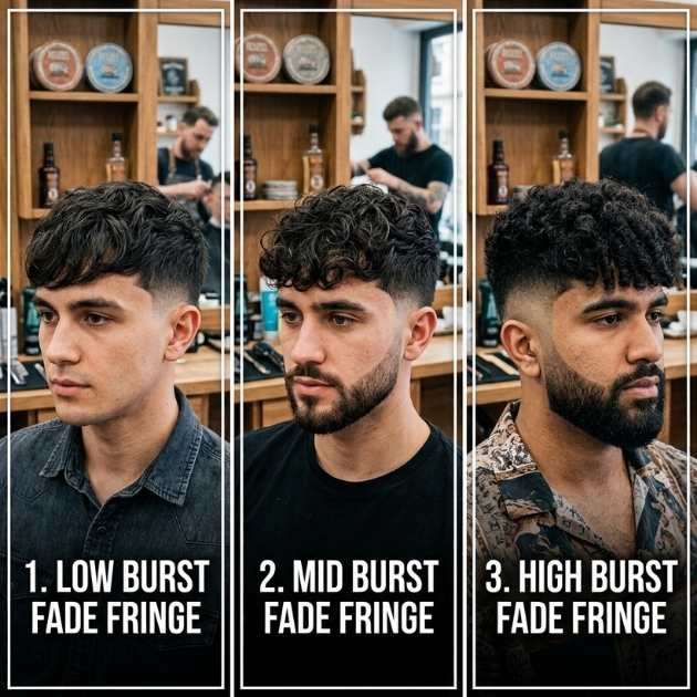 Low, Mid, and High Burst Fade Fringe Styles